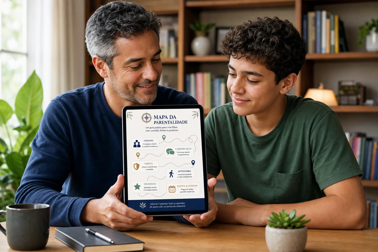 Pai e filho consultando o guia juntos no tablet