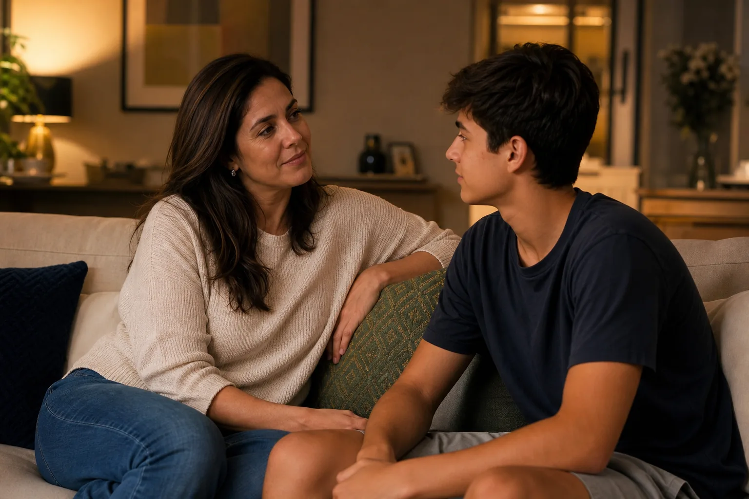 Mãe conversando com o filho adolescente com calma
